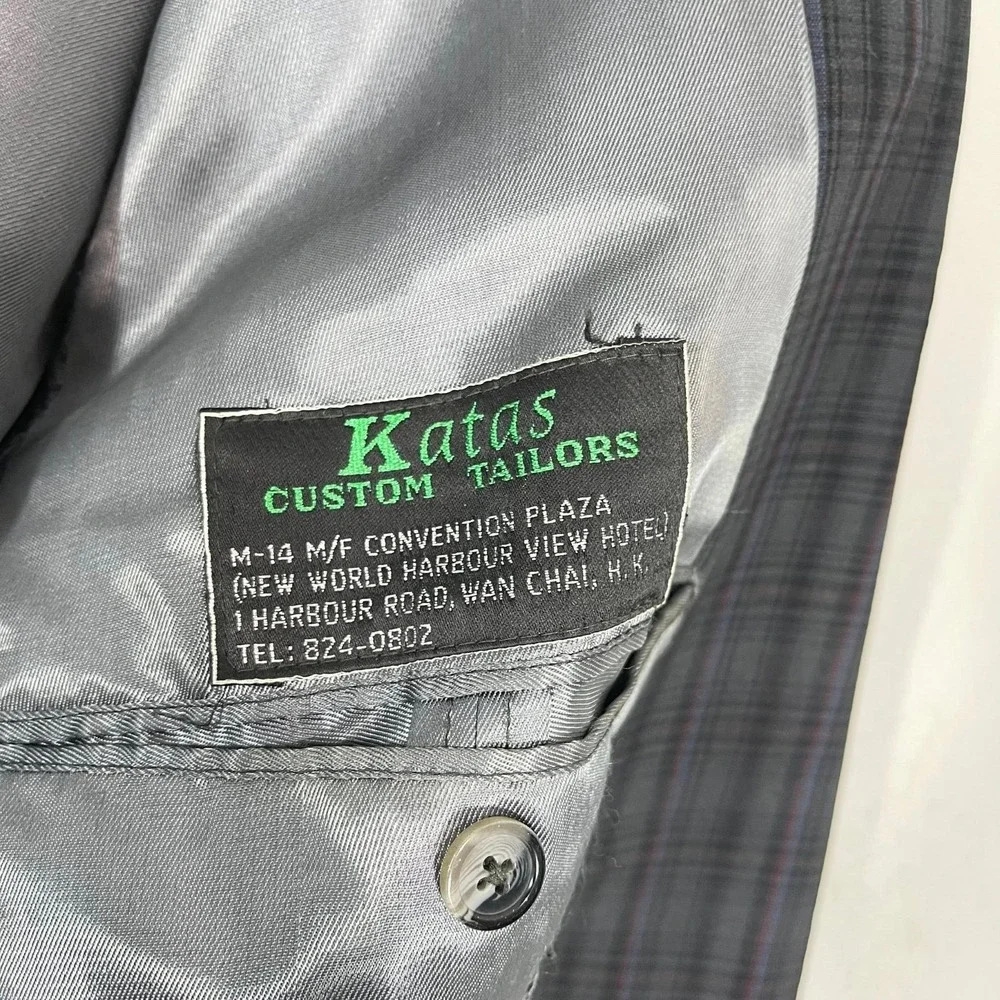 VTG Woodhouse Cloth‎ Mens Double Breasted Blazer Dark Gray Blue Plaid UK 90s 44R